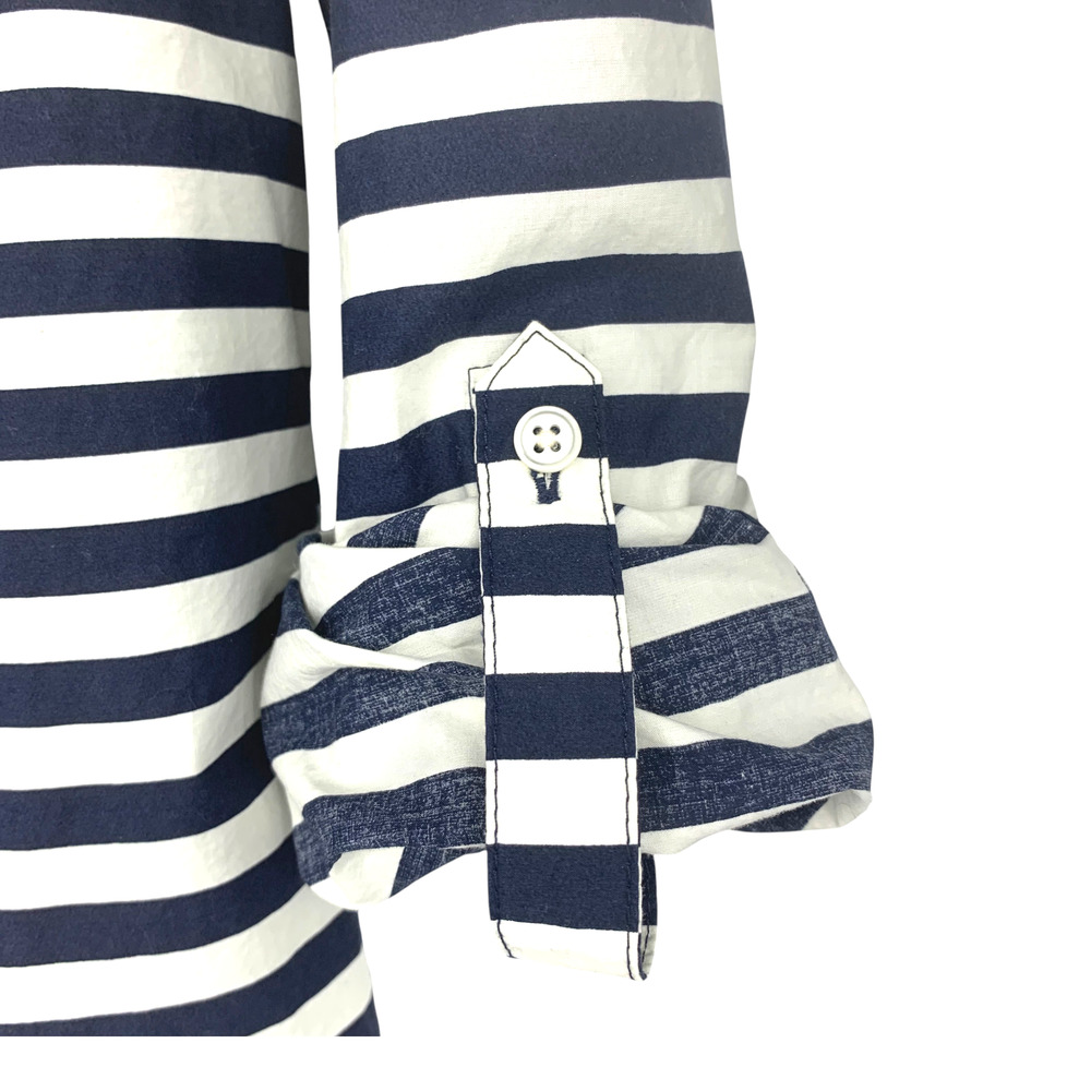 Talbots Plus Sz 16 Navy White Striped Button Front Shirt Roll Tab Sleeves - Picture 6 of 7